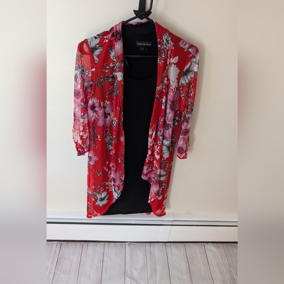 Stella and Julie black and red dress with sheer floral attached cardigan - Picture 8 of 11